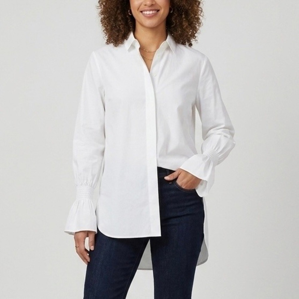 Akris Punto Shirt 100% Cotton White Smocked Cuff High-Low Hem Size 4 US